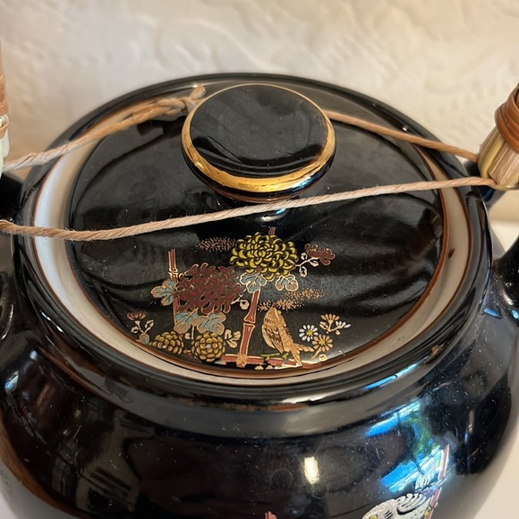 Vintage Japan Tea set black gilded floral bird teapot set with 5 gold trim cups - Picture 8 of 14